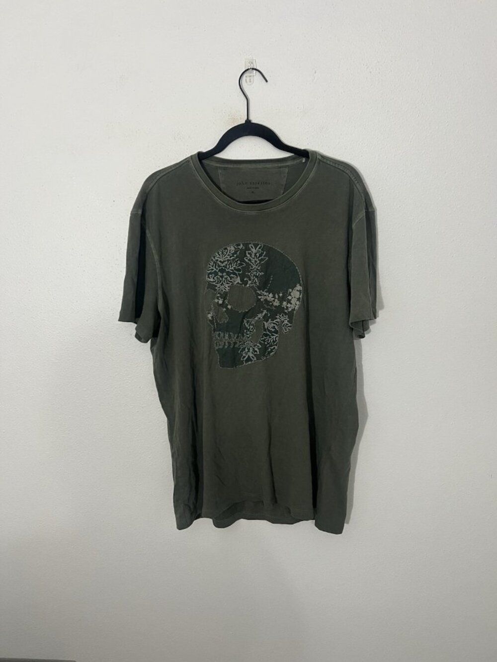 John Varvatos Floral Skull Applique Cotton T Shirt Green Size XL